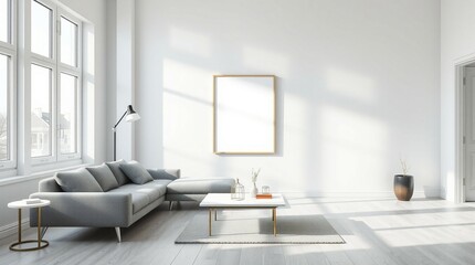 Fototapeta premium sofa, wooden frame, white walls, minimalist decor, modern interior design, natural lighting, empty frame, wooden floor, textured rug, neutral color palette, clean lines, simple elegance 