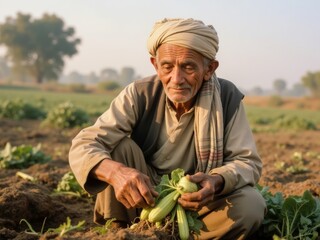 Elderly Farmer Harvesting Fresh Vegetables in a Sunny Field