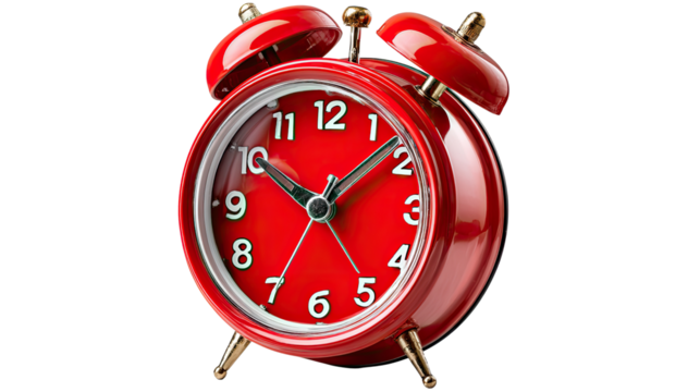 Timeless Red Alarm Clock: A close-up of a classic red alarm clock, showcasing the intricate details of its face and design, it conveys the concept of time, punctuality, and the start of a new day.