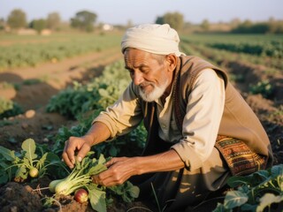 Elderly Farmer Harvesting Fresh Vegetables in His Sunny Field He Carefully Picks Ripe Produce