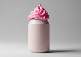 Pastel Pink Beverage Can Topped with Swirling Pink Whipped Cream, Evoking Sweetness and Indulgence