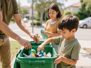 Young boy and girl help their father recycle plastic bottles and waste in a park