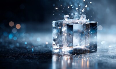 Against a dark backdrop, a gift box aglow with light and wrapped with a delicate ribbon seems to come alive with the soft glow of surrounding ethereal particles, evoking a magical celebratory