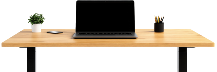 Modern standing desk with laptop, plant, and pen holder for home office setup design