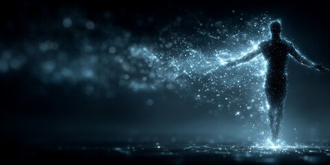 Obraz premium Glowing digital human figure dissolving into particles with outstretched arms in dark futuristic space