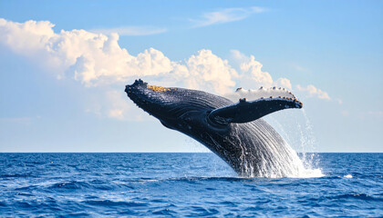 Obraz premium Majestic Humpback Whale Breaching in Clear Blue Ocean Water