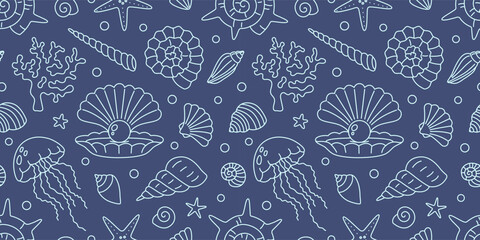 Seamless pattern with linear ocean elements like shells, jellyfish, corals and starfish. Elegant monochrome marine background. Vector illustration on dark blue background, editable stroke, hand drawn