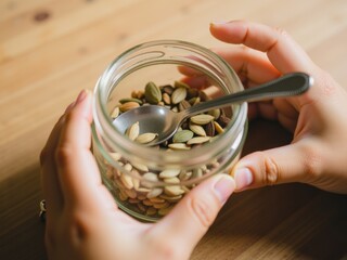 Woman's Hands Holding a Jar of Cardamom Pods and a Teaspoon