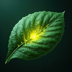 Leaf veins glowing with energy on a dark background