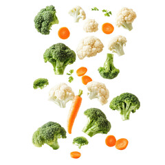 Fresh broccoli cauliflower and carrots falling isolated on black background healthy food