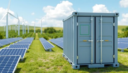 Energy storage systems with Solar farm and windmills. Battery container, renewable battery storage concept. 3d render, 8k Detail Resolution
