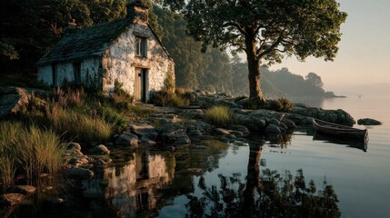 Obraz premium Charming lakefront cottage surrounded by lush nature and tranquil reflections