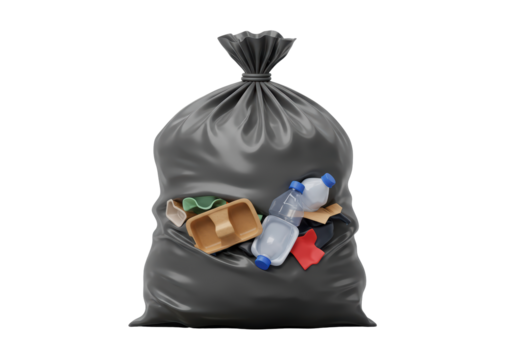 Isolated Black Trash Bag Filled with Recyclable Waste