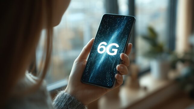 Person holding smartphone showcasing advanced 6G technology in modern setting