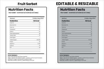 Fruit Sorbet nutrition facts, nutrition facts, food label, calorie chart, protein infographic, healthy eating, vitamin chart, editable template, diet plan, meal prep nutrition, food packaging label