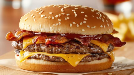 Double bacon burger with sesame seed bun.