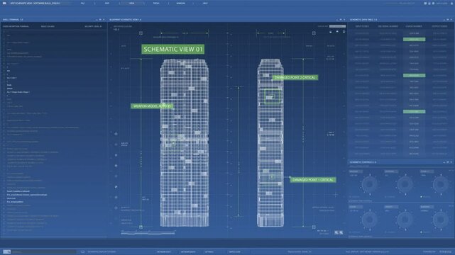 A detailed hightech schematic view of a futuristic building design intended for thorough architectural analysis