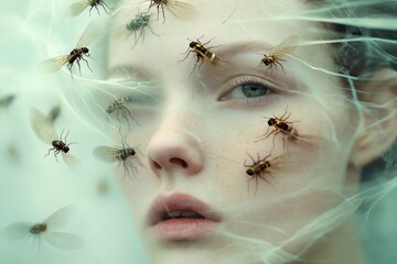 Nightmarish visions. Metaphorical insects crawling on skin feelings of fear and despair. Insects crawling on skin - nightmares, bad dreams: abstract image of individual status. Stress and fear.