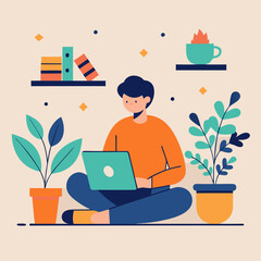 Vector illustration of a person working on a laptop with coffee and plants at home