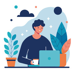 Vector illustration of a person working on a laptop with coffee and plants at home