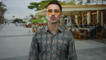 Young hispanic man makes heart gesture and blows a kiss in an outdoor coffee restaurant on a...