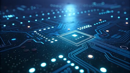 Blue digital circuit board: a macro view of the electronic technology and data connections within a computer processor