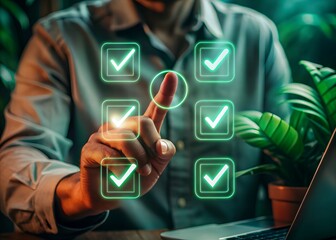 Approval and rejection interface concept with document icons and finger pressing green check mark. Ideal for digital workflow. surgeon holding surgical instruments