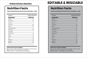 Grilled Chicken Meal Box nutrition facts, nutrition facts, food label, calorie chart, protein infographic, healthy eating, vitamin chart, editable template, diet plan, meal prep nutrition, food packag