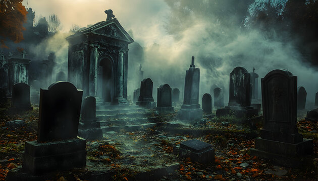 Spooky graveyard scene with tombstones and fog, creating a chilling atmosphere for Halloween
