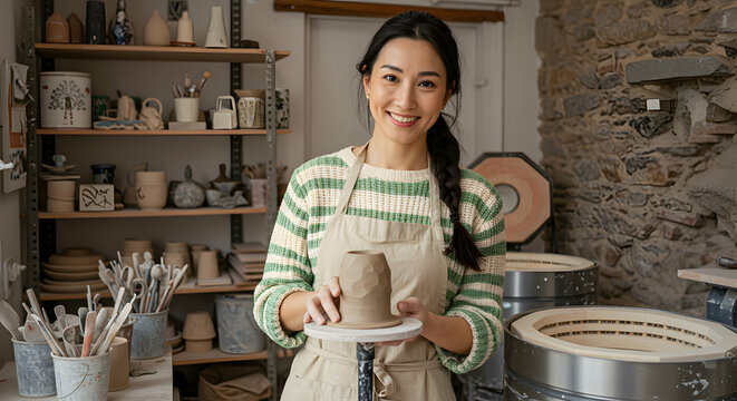 Smiling female potter in her workshop crafting pottery art happy creative woman small business owner handmade ceramic studio