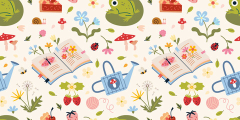 Cute Seamless pattern with book, flowers, frog, watering can, mushrooms and strawberries. Whimsical garden design for summer themes. Vector illustration on light background, hand drawn, flat