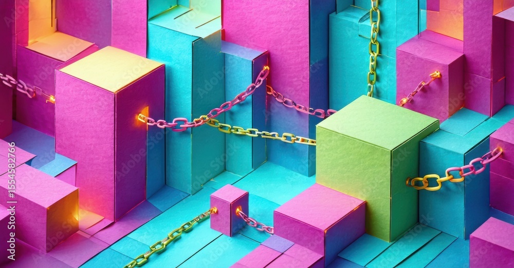 Poster abstract geometric shapes, vibrant colors, glowing chains create surreal isometric composition. brig