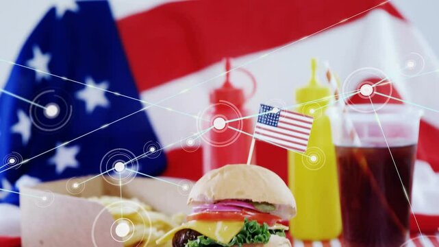 Upon circle appearing network expanding revealing burger fries condiments soda evoking patriotism