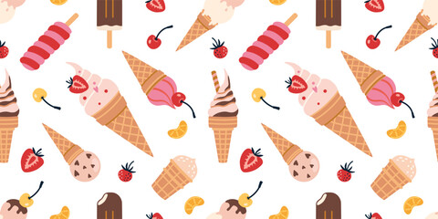 Seamless pattern with ice cream cones, popsicles and fruits. Sweet and colorful design perfect for summer food themes and packaging. Vector illustration on white background, hand drawn, flat