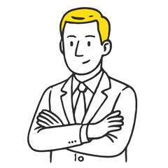 Handdrawn Outline Confident Businessman Standing with Arms Crossed Character Illustration