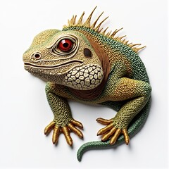 Obraz premium An intricately detailed iguana with a unique textured skin and piercing red eye on white backdrop