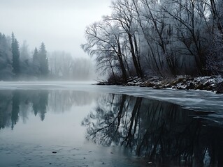 A serene winter landscape unfolds with snow-covered trees lining a reflective, icy river under a frosty sky
