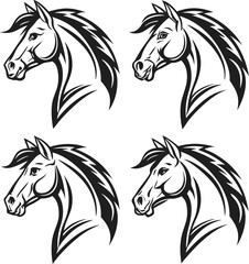 Stylized Horse Heads in Black and White  Modern Vector Silhouettes in Elegant Grid Composition