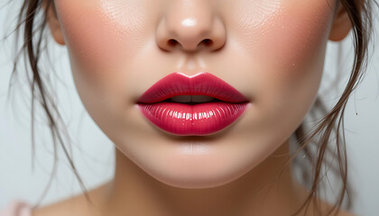 A woman with bright red lipstick, showing her lips, 4K and HD image