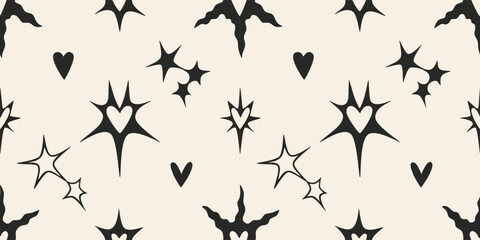 Seamless pattern with edgy black stars and hearts. Bold modern design for grunge, punk or alternative fashion. Abstract monochrome vector illustration on light background, hand drawn