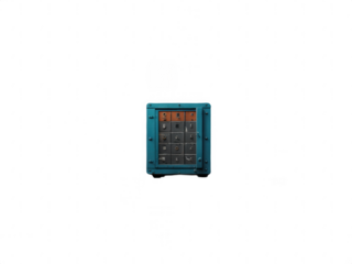 A blue safe with an orange keypad on a black background in the center