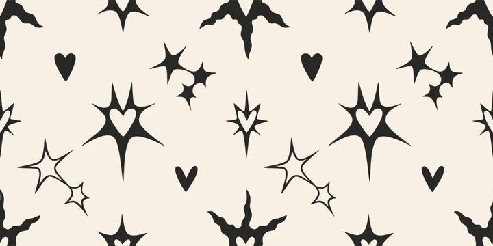Seamless pattern with edgy black stars and hearts. Bold modern design for grunge, punk or alternative fashion. Abstract monochrome vector illustration on light background, hand drawn