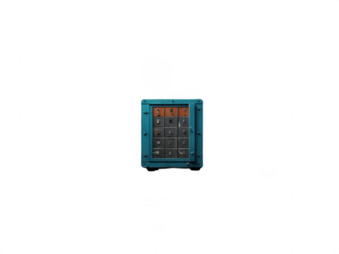 A blue safe with an orange keypad on a black background in the center