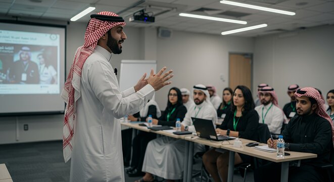 Saudi Arabian Man Delivers Engaging Presentation to Diverse Audience