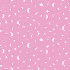 White crescent moon and little stars seamless pattern on pastel pink background. For baby girl nursery, fabric and kids room decoration