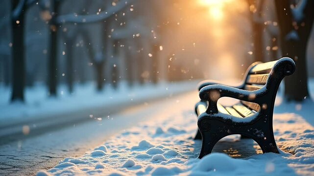 Snow covered park bench glowing under warm sunset light in peaceful winter scenery