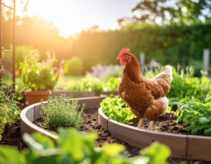 Brown Chicken Walking in Fresh Vegetable Garden at Sunset