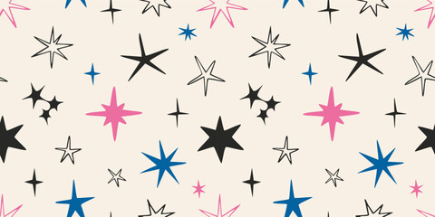 Seamless pattern with pink, black and blue scribble stars. Cheerful and trendy design for wrapping paper and festive projects. Abstract modern vector illustration on light background, hand drawn