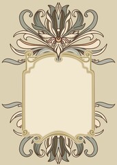 Modern, Art Deco, Art Nouveau. Pre-made background with a graceful frame of isolated, botanical, graceful elements, stylized as antique for branding, advertising, wedding design. Digital Illustration