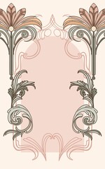 Modern, Art Deco, Art Nouveau. Pre-made background with a graceful frame of isolated, botanical, graceful elements, stylized as antique for branding, advertising, wedding design. Digital Illustration